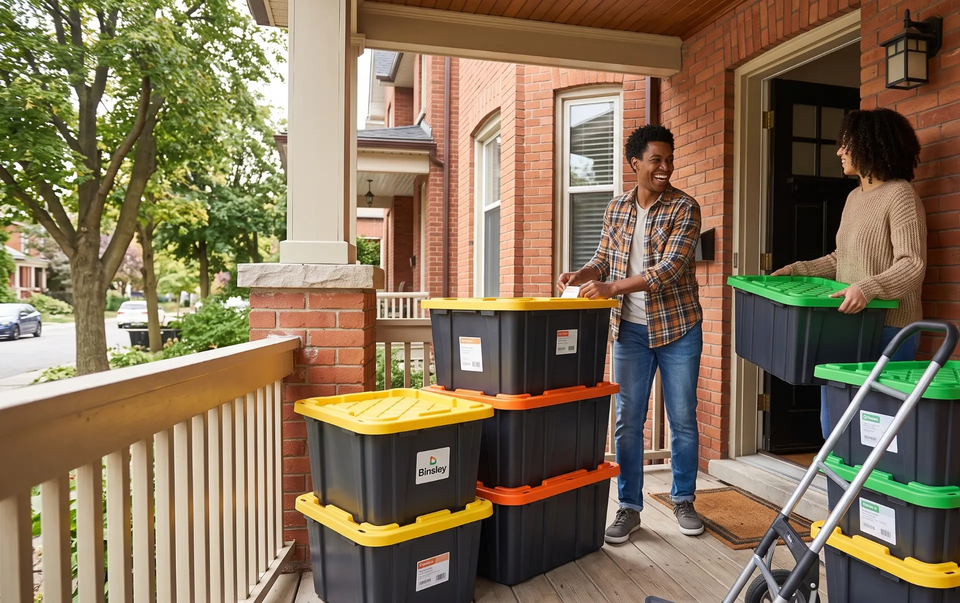Stacked reusable moving bins with green, yellow and orange lids delivered to a Hamilton front porch