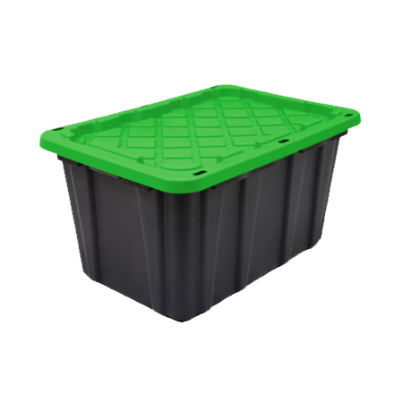 Reusable plastic moving bin with a green snap-on lid
