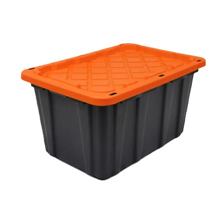 Reusable plastic moving bin with an orange snap-on lid